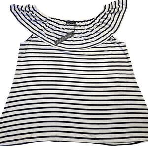 A+A Collection White Navy Stripe Shirt NEW Ruffle Scoop Cap Sleeves Women Size S